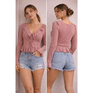 Free People Ruffle Tie Front Top Size S Pink Ribbed Boho Crop